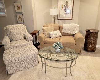 Oval glass coffee table with patina iron base - reduced to $100, Whittemore Sherrill loveseat - reduced to $100, Round Oriental 16.5"w x 29"h accent table - reduced to $50