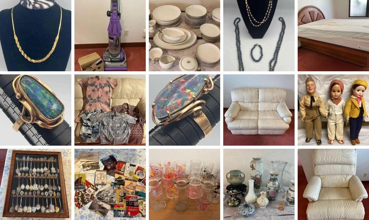 FANTASTIC THINGS IN MILILANI CTBids Online Auction • Bidding Ends 03/31/24 • Pickup 04/02/24
This auction features beautiful vintage gold & gemstones jewelry, beautiful furniture including leather, vintage, koa (?), a vintage/antique doll collection, vintage sterling silver souvenir spoons from around the world, kitchen goods including silverware sets, knives and more, household goods, collectibles, vintage Pyrex, mixed media art and so much more! What will you find! Happy bidding!