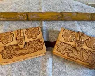 FTM095 Two Hand Tooled Leather Bags & Carved Stick