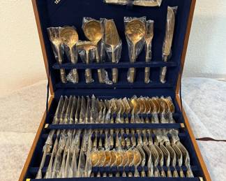 FTM087 Fifty-Eight Piece Set Of TBM Nickel & Bronze Flatware In Case New