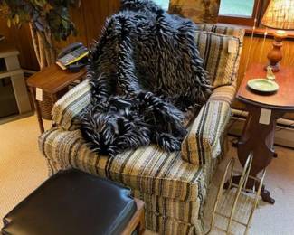 Striped arm chair, faux fur throw