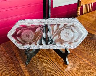 $16 ~ UNIQUE DOUBLE ROSE CUT GLASS DISH, EUC. Measures approximately 12x3.5x2. (To purchase or inquire about this item, please text 470.370.0348.)