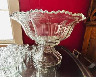 $30 ~ VINTAGE GLASS PUNCH BOWL & 8 CUPS. Approximate measurements are 60" round, 10.5" high, EUC. (To purchase or inquire about this item, please text 470.370.0348.)