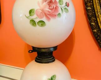 $110 ~ LARGE VTG HURRICANE DOUBLE BALL LAMP, HANDPAINTED ROSE. Measures approximately 26" x 9".  Small chip at top of upper shade as photographed.  (To purchase or inquire about this item, please text 470.370.0348.)