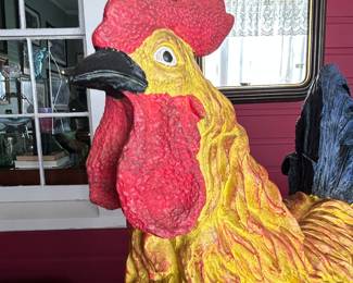 $30 ~ LARGE FOLK ART/FARMHOUSE ROOSTER, RESIN. Approximate measurements are 20"w x 20.5h. (To purchase or inquire about this item, please text 470.370.0348.)