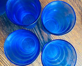 $50 ~ VTG COBALT BLUE PITCHER & 4 GLASSES, VGUC, no chips or cracks. Approximate measurements are pitcher 8.25h, glasses 5h. (To purchase or inquire about this item, please text 470.370.0348.)