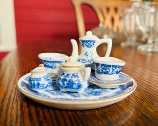 $12 ~ MINATURE BLUE & WHITE TEA SET. EUC.  (To purchase or inquire about this item, please text 470.370.0348.)
