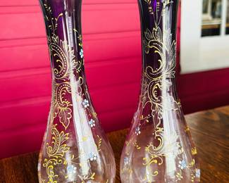 $40 - PAIR PURPLE HAND PAINTED VASES (BELIEVE TO BE MARY GREGORY), BEAUTIFUL CONDITION. Each vase is 10" high. (To purchase or inquire about this item, please text 470.370.0348.)