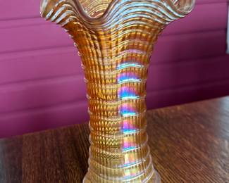 $40 - VTG IMPERIAL MARIGOLD CARNIVAL GLASS RIPPLED VASE, EUC. Measures approximately 8.5" high. (To purchase or inquire about this item, please text 470.370.0348.)
