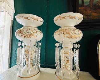 $200 ~ PAIR VINTAGE VICTORIAN GLASS LUSTERS, EUC. Each measure approximately 14"h x 7"d. (To purchase or inquire about this item, please text 470.370.0348.)