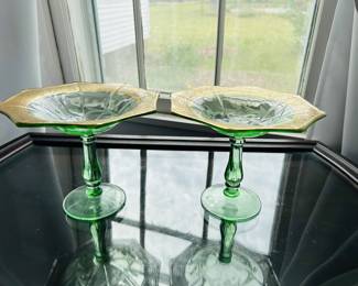 $80 ~ PAIR FOOTED GREEN/GOLD CANDY DISH/ COMPOTE, ETCHED DEPRESSION GLASS, VGUC. Each measure approximately 7"dia x 6"h. (To purchase or inquire about this item, please text 470.370.0348.)