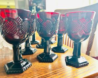 $46 ~  SET 8, AVON RUBY RED CAPE COD WINE GLASSES, EUC. Approximate measurements are 5.25" high. (To purchase or inquire about this item, please text 470.370.0348.)