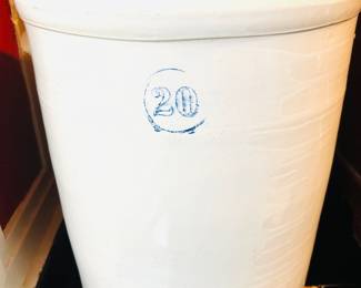 $250 ~ LARGE 20 GALLON ANTIQUE STONEWARE CROCK, VGUC, no cracks. Approximate measurements are 23"h x 17.5d. (To purchase or inquire about this item, please text 470.370.0348.)