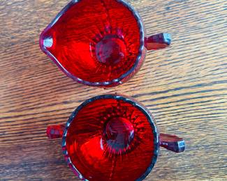 $30 ~ VTG NEW MARTINSVILLE RADIANCE RUBY RED GLASS SUGAR & CREAMER, EUC. (To purchase or inquire about this item, please text 470.370.0348.)