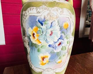 $70 ~ VTG HAND PAINTED (MAY BE NIPPON, UNMARKED) 2 HANDLED FLORAL VASE, BEAUTIFUL CONDITION. Approximate measurement is 13" high. (To purchase or inquire about this item, please text 470.370.0348.)