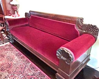$600 ~ MAGNIFICANT ANTIQUE RED VELVET SOFA, CLAWFOOT, BEAUTIFUL CARVINGS. A PHOTOGRAHERS DREAM PHOTO PROP! Measures 88x29x35. Beautiful condition. (To purchase or inquire about this item, please text 470.370.0348.)