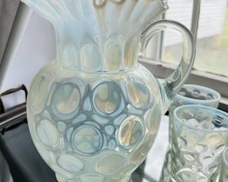 $180 ~ VINTAGE FENTON WHITE OPALESCENT COIN DOT PITCHER & 6 GLASSES, EUC.  Pitcher is approximately 9" tall, cups are approximately 4" tall. (To purchase or inquire about this item, please text 470.370.0348.)