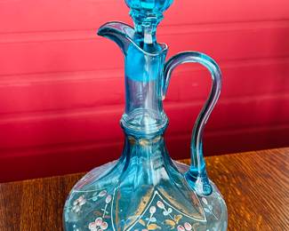 $60 ~ VTG handblown? BLUE GLASS DECANTER W/STOPPER, HANDPAINTED, EUC. Approximate measurements are 9.5 x 6.5. (To purchase or inquire about this item, please text 470.370.0348.)