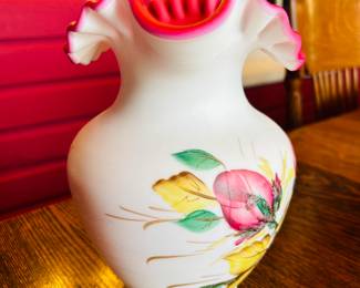 $50 ~ FENTON, (made for LG Wright) ROSE PITCHER, EUC. Approximate measurements are 9"h X 8"w to handle. (To purchase or inquire about this item, please text 470.370.0348.)