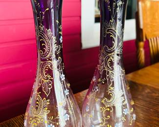 $40 - PAIR PURPLE HAND PAINTED VASES (BELIEVE TO BE MARY GREGORY), BEAUTIFUL CONDITION. Each vase is 10" high. (To purchase or inquire about this item, please text 470.370.0348.)