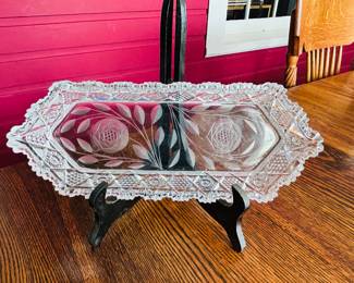 $16 ~ UNIQUE DOUBLE ROSE CUT GLASS DISH, EUC. Measures approximately 12x3.5x2. (To purchase or inquire about this item, please text 470.370.0348.)