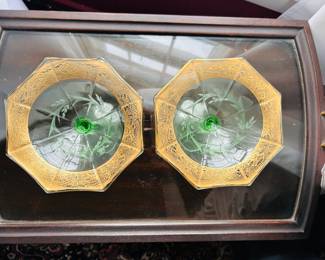 $80 ~ PAIR FOOTED GREEN/GOLD CANDY DISH/ COMPOTE, ETCHED DEPRESSION GLASS, VGUC. Each measure approximately 7"dia x 6"h. (To purchase or inquire about this item, please text 470.370.0348.)