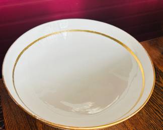 $65 ~ LARGE LIMOGES GOLD RIMMED FLORAL BOWL. GUC. Measures 14"w x 6"d. (To purchase or inquire about this item, please text 470.370.0348.)