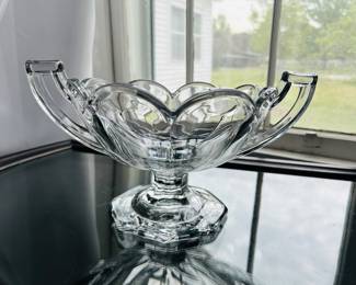 $50 ~ VERY HEAVY & WELL MADE FOOTED GLASS BOWL W/SCALLOPED EDGE, 2 HANDLES. EUC. Approximate measurements are 12" X 6.5" (To purchase or inquire about this item, please text 470.370.0348.). 