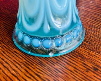 $40 ~ VTG NORTHWOOD ICE BLUE OPALESCENT PULLED/SWUNG GLASS VASE. See photo for minor chip on base, otherwise, EUC. Approximate measurements are 11" high. (To purchase or inquire about this item, please text 470.370.0348.)