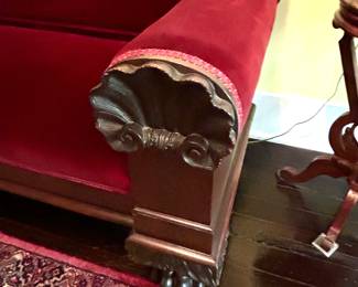 $600 ~ MAGNIFICANT ANTIQUE RED VELVET SOFA, CLAWFOOT, BEAUTIFUL CARVINGS. A PHOTOGRAHERS DREAM PHOTO PROP! Measures 88x29x35. Beautiful condition. (To purchase or inquire about this item, please text 470.370.0348.)