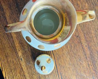 $15 ~ VTG USA HALL WINDSHIELD GOLD POLKA DOT TEA POT, see photo for condition.  (To purchase or inquire about this item, please text 470.370.0348.)