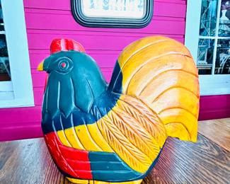 $18 ~ WOODEN FOLK ART ROOSTER. Measures approximately 11" w x 10" h. (To purchase or inquire about this item, please text 470.370.0348.)