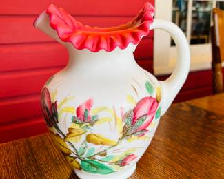 $50 ~ FENTON, (made for LG Wright) ROSE PITCHER, EUC. Approximate measurements are 9"h X 8"w to handle. (To purchase or inquire about this item, please text 470.370.0348.)