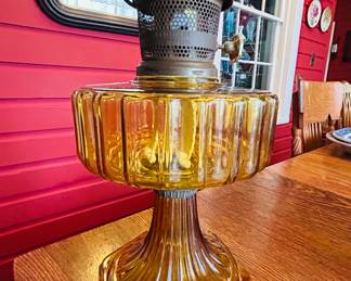 $60 ~ GORGEOUS VTG AMBER ALADDIN #23 OIL LAMP, EUC.  Measures approximately 24"h x 6.5"w.  (To purchase or inquire about this item, please text 470.370.0348.)
