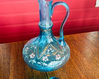 $60 ~ VTG handblown? BLUE GLASS DECANTER W/STOPPER, HANDPAINTED, EUC. Approximate measurements are 9.5 x 6.5. (To purchase or inquire about this item, please text 470.370.0348.)