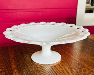 $20 ~ VTG WESTMORELAND WHITE MILK GLASS ROUND PLATE STAND ON PEDESTAL, VGUC.  Measures approximately 11d x 4h. (To purchase or inquire about this item, please text 470.370.0348.)