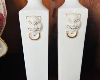 $18 ~ PAIR NORLEANS OCCUPIED JAPAN HAND PAINTED VASES. Each vase measures 5"h x 1.25"w., VGUC. Approximate measurements are 6.5"h. (To purchase or inquire about this item, please text 470.370.0348.)