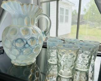 $180 ~ VINTAGE FENTON WHITE OPALESCENT COIN DOT PITCHER & 6 GLASSES, EUC.  Pitcher is approximately 9" tall, cups are approximately 4" tall. (To purchase or inquire about this item, please text 470.370.0348.)