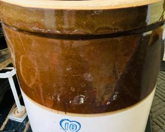 $130 ~ ANTIQUE STONEWARE 10 GALLON CROCK, BEAUTIFUL CONDITION. NO CRACKS. (To purchase or inquire about this item, please text 470.370.0348.)