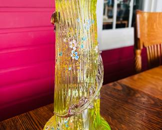 $70 ~ MAGNIFICANT GLASS VASE, HAND BLOWN, GREEN. MAKER IS UNDETERMINED. STUNNING. Measures 11.5"h x 3"d.   (To purchase or inquire about this item, please text 470.370.0348.)