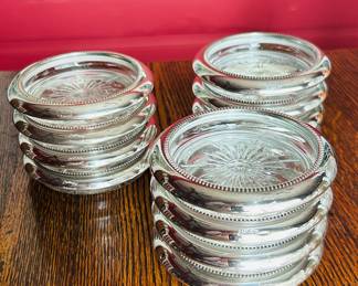 $10 ~ SET 4 LEONARD ITALY CRYSTAL COASTERS, SILVERPLATE. EUC. We have 4 sets available; they are $10 per set.  (To purchase or inquire about this item, please text 470.370.0348.)