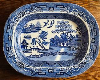 $120 ~ ANTIQUE BLUE WILLOW PLATTER, 17.25" x 13.5", STAFFORDSHIRE). Beautiful condition. (To purchase or inquire about this item, please text 470.370.0348.)