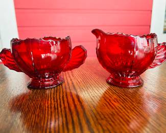 $30 ~ VTG NEW MARTINSVILLE RADIANCE RUBY RED GLASS SUGAR & CREAMER, EUC. (To purchase or inquire about this item, please text 470.370.0348.)