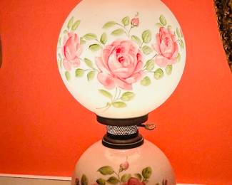 $110 ~ LARGE VTG HURRICANE DOUBLE BALL LAMP, HANDPAINTED ROSE. Measures approximately 26" x 9".  Small chip at top of upper shade as photographed.  (To purchase or inquire about this item, please text 470.370.0348.)