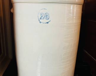 $250 ~ LARGE 20 GALLON ANTIQUE STONEWARE CROCK, VGUC, no cracks. Approximate measurements are 23"h x 17.5d. (To purchase or inquire about this item, please text 470.370.0348.)