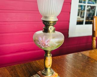 $60 ~ VTG HAND PAINTED OIL LAMP, EUC. Measures approximately 16" high. (To purchase or inquire about this item, please text 470.370.0348.)