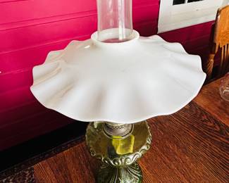 $30 ~ VINTAGE HURRIICANE OIL LAMP, GREEN. THE P&A MFG CO., VICTOR. EUC. Measures 17" high. (To purchase or inquire about this item, please text 470.370.0348.)