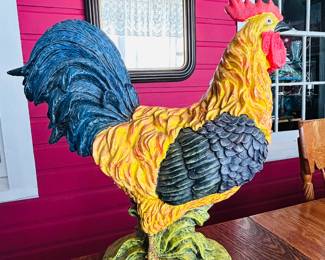 $30 ~ LARGE FOLK ART/FARMHOUSE ROOSTER, RESIN. Approximate measurements are 20"w x 20.5h. (To purchase or inquire about this item, please text 470.370.0348.)