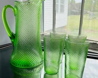 $180 ~ FEDERAL GLASS OPTIC SWIRL URANIUM GLASS PITCHER & 4 GLASSES, EUC. Pitcher is approximately 10" tall; tumblers are 5" tall. (To purchase or inquire about this item, please text 470.370.0348.)