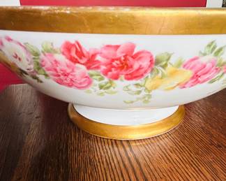 $50 ~ LARGE LIMOGES GOLD RIMMED FLORAL BOWL. GUC. Measures 14"w x 6"d. (To purchase or inquire about this item, please text 470.370.0348.)